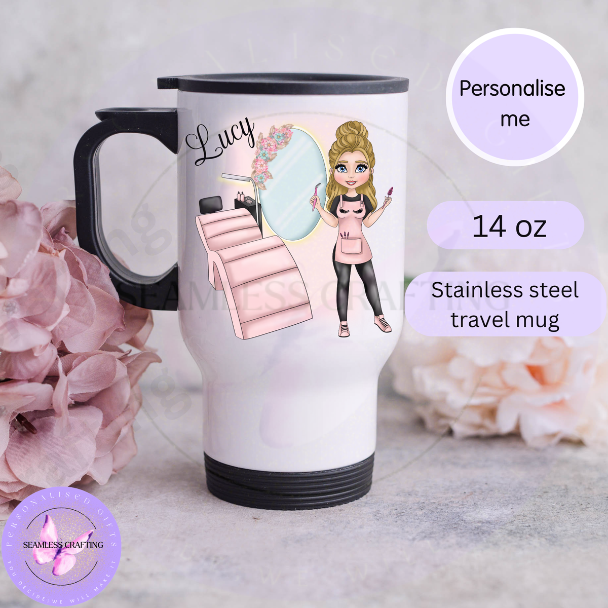 14oz stainless steel personalised lash tech travel mug with handle and lid