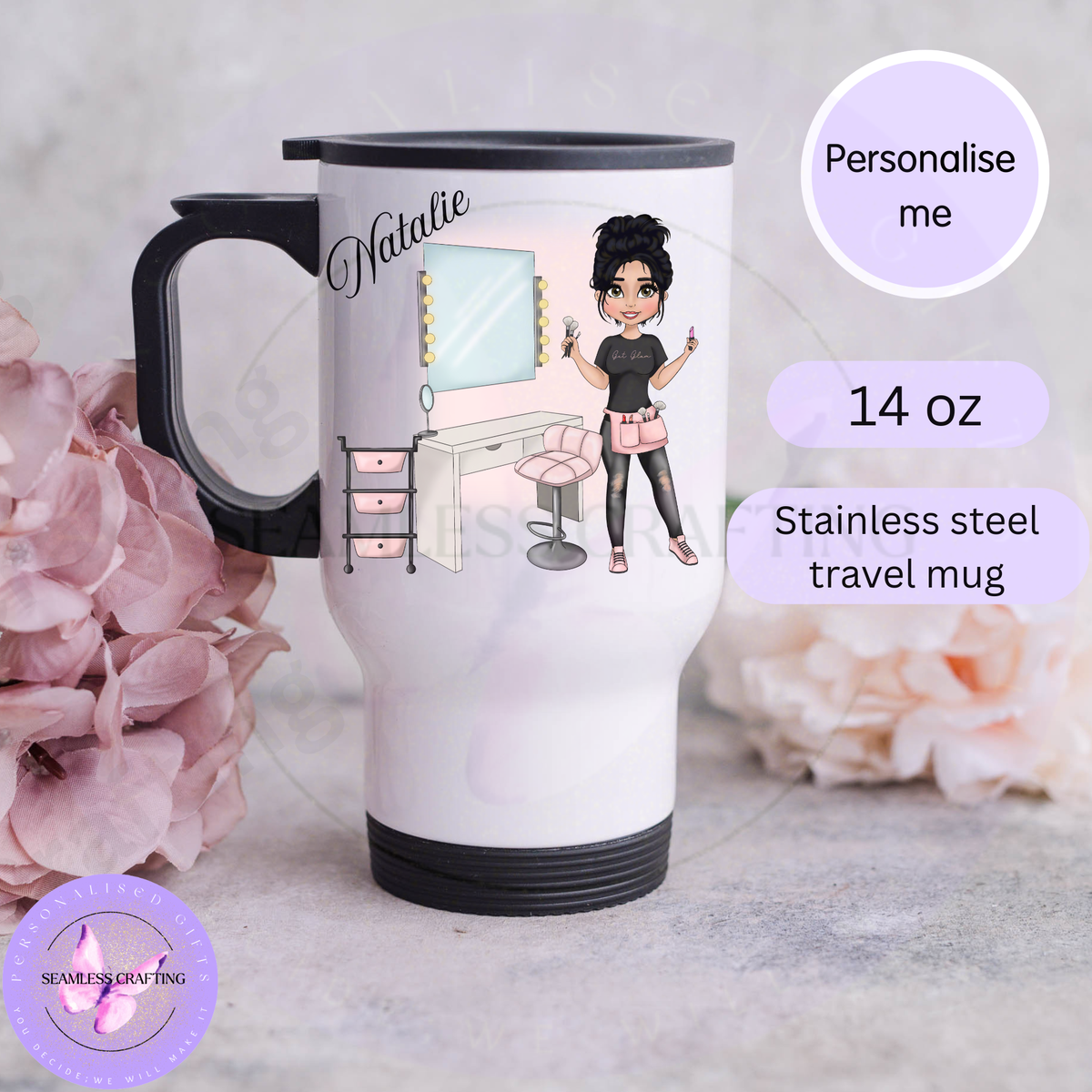 14 oz stainless steel travel mug with personalised make up character and name