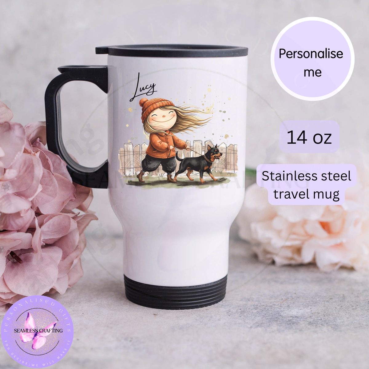 14oz stainless steel personalised dog walker travel mug