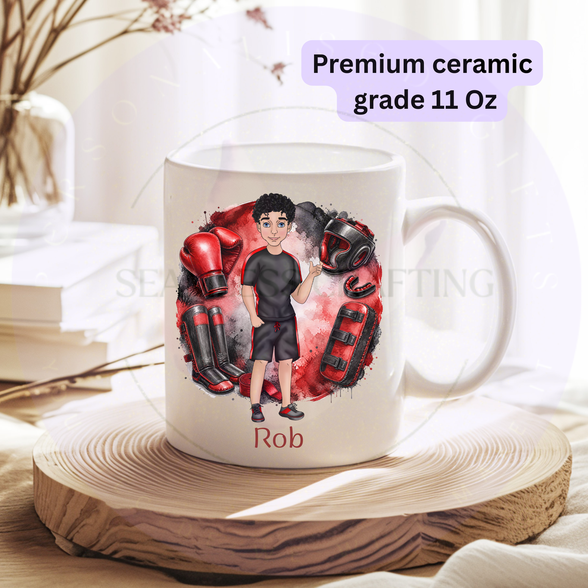 Personalised 11oz kickboxing ceramic mug with custom kickboxer character, boxing gloves and name Rob