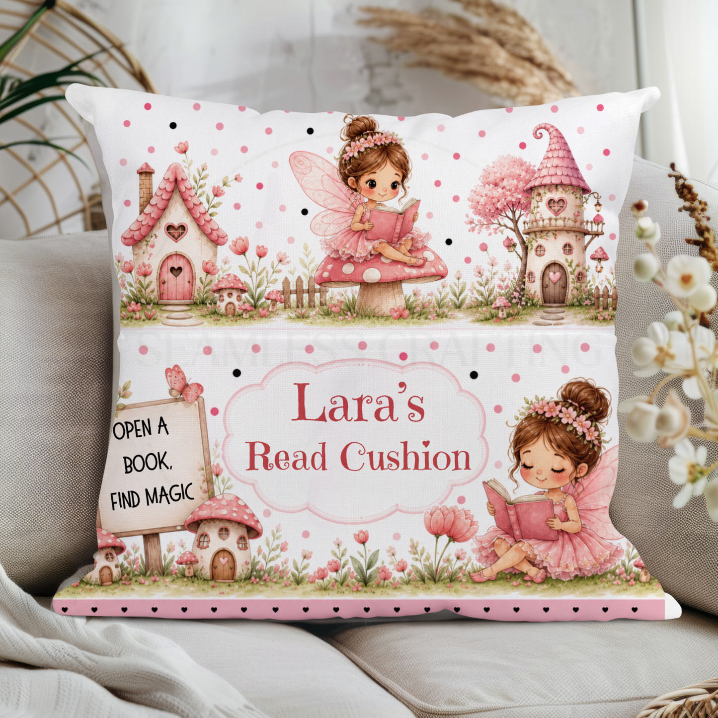 Personalised fairy reading cushion with reading fairy mushroom houses and flowers