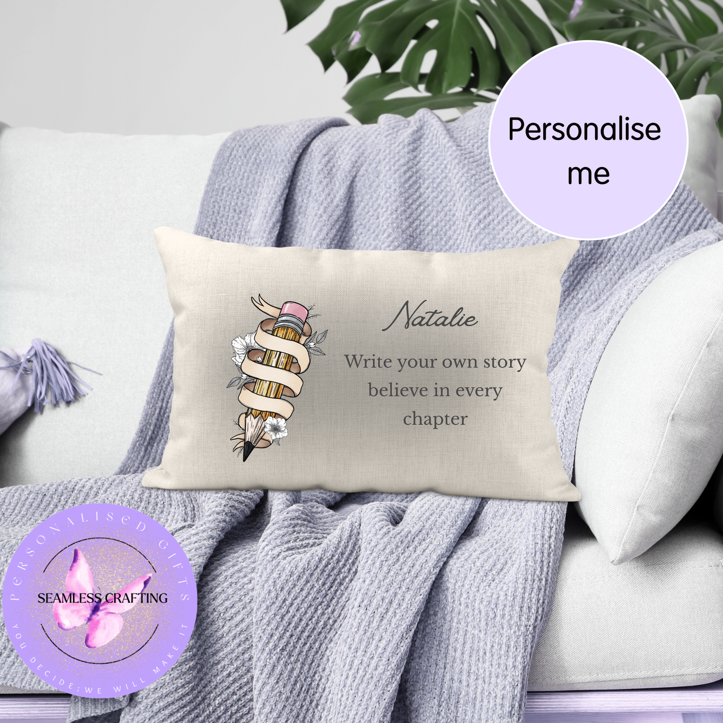 Personalised Writing Cushion 30×50cm – “Write Your Own Story” Linen Canvas Pillow – Custom Name Gift for Teachers, Writers & Students