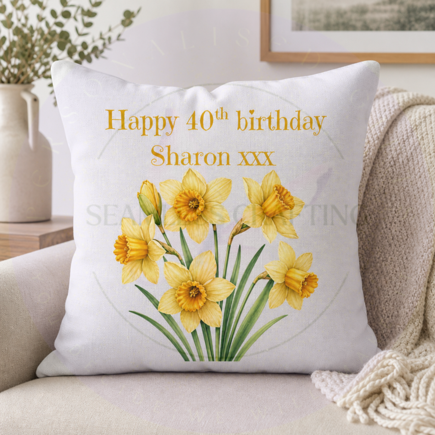 Personalised March daffodil birth flower cushion with yellow spring flowers