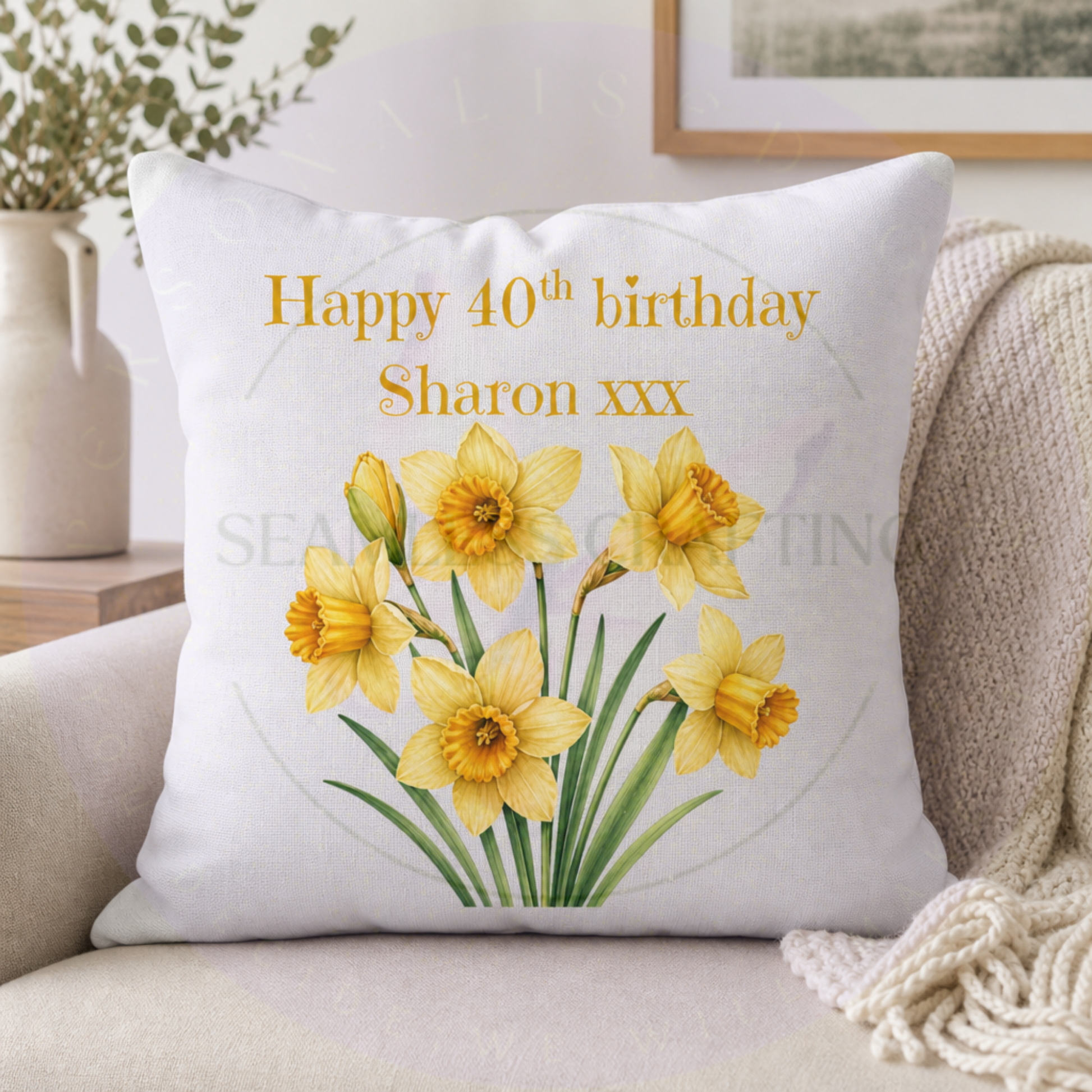 Personalised March daffodil birth flower cushion with yellow spring flowers