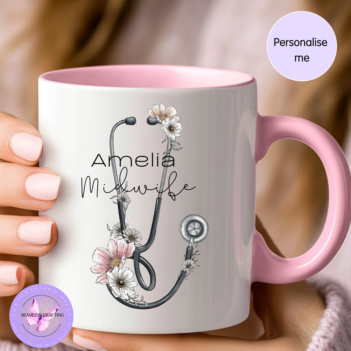 Personalised Nurse Mug with Name | Custom Stethoscope Floral Cup | Nurse Gift UK | Midwife Doctor Appreciation Mug 11oz