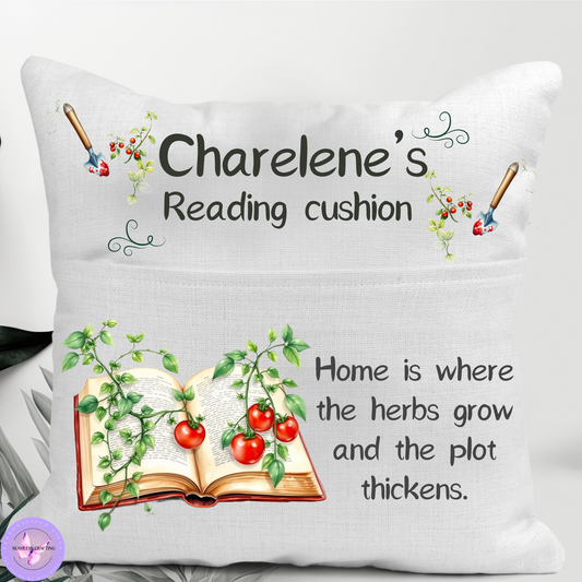Personalised Book & Plant Lover Cushion – 40x40cm with Hidden Zip & Pocket – “Home Is Where The Herbs Grow & The Plot Thickens” – Gift for Readers & Gardeners
