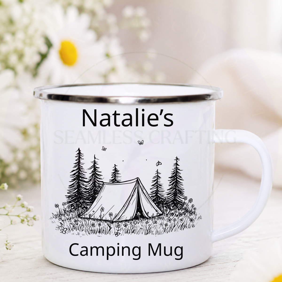 Personalised 12oz enamel camping mug with silver rim and black tent illustration