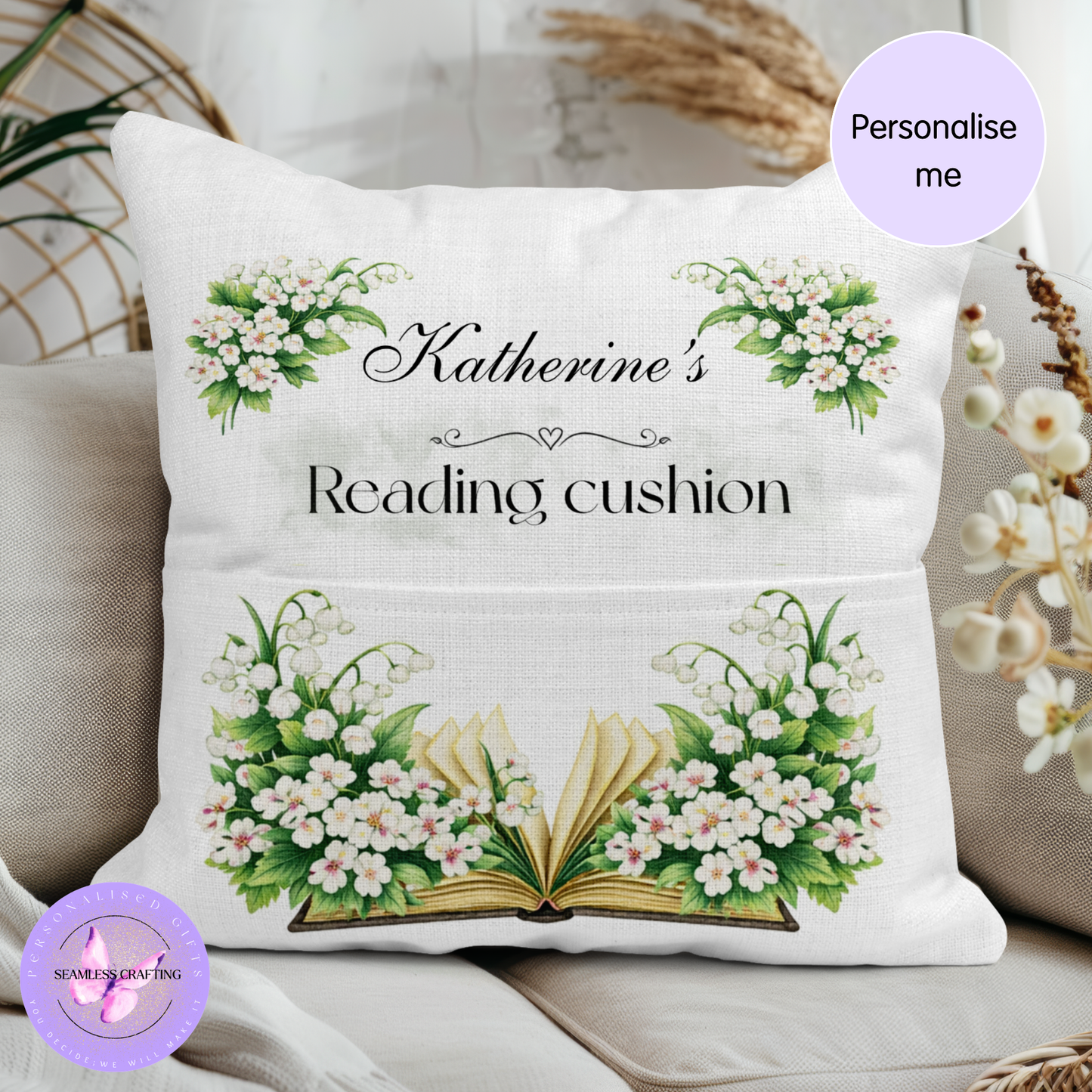 personalised reading cushion benefits custom name linen cushion with pocket handmade UK gift idea