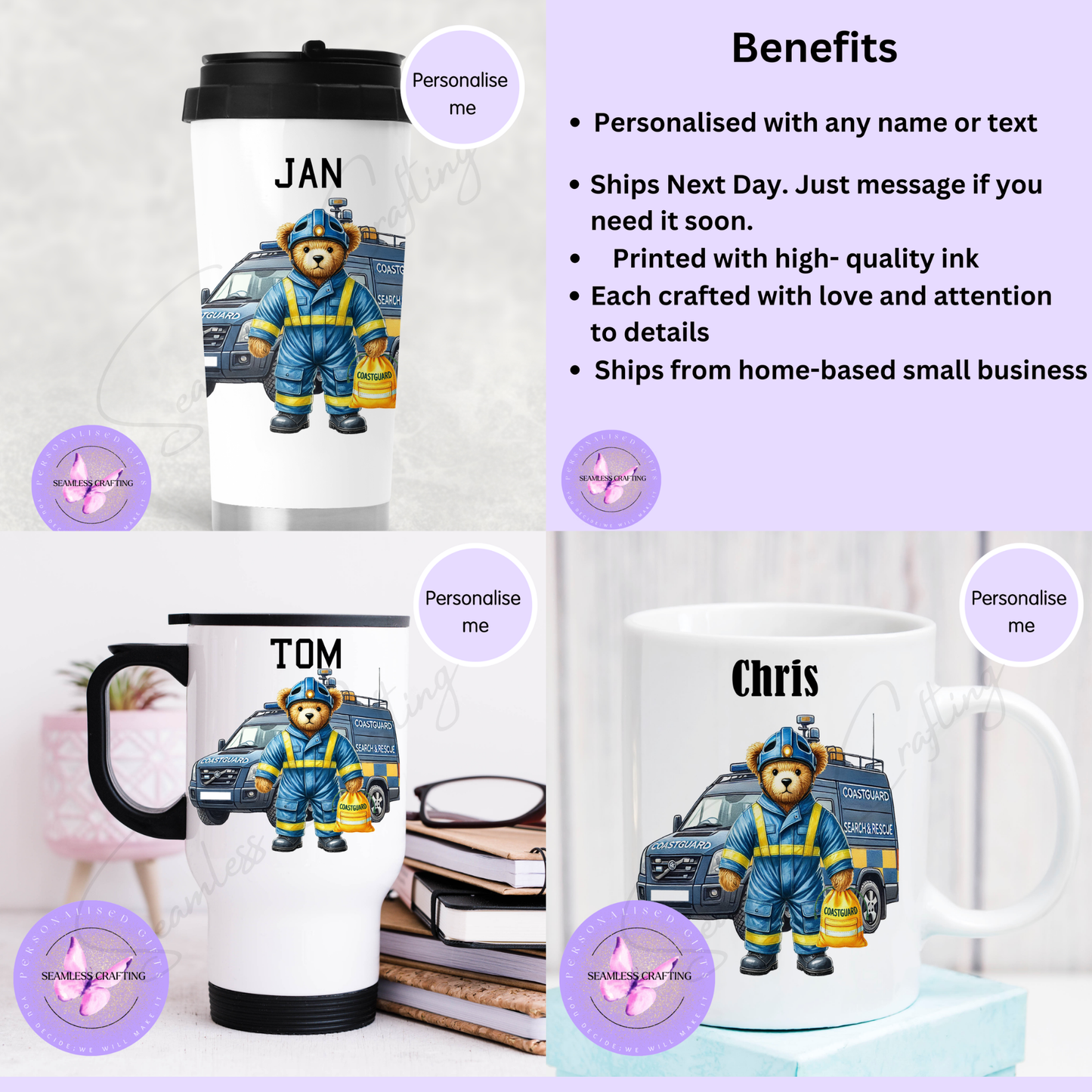 Personalised Coastguard Bear Mug or Travel Mug – Custom Name Search and Rescue Gift