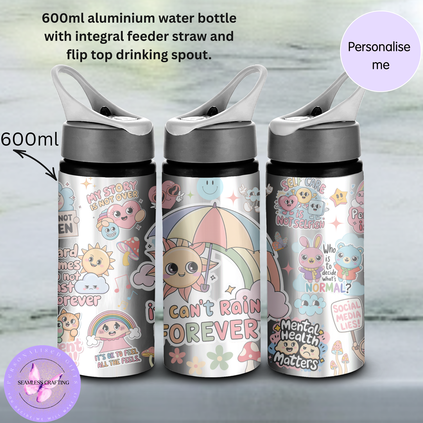 Personalised Kids Mental Health Positive Affirmation Water Bottle 600ml Aluminium BPA-Free with Straw