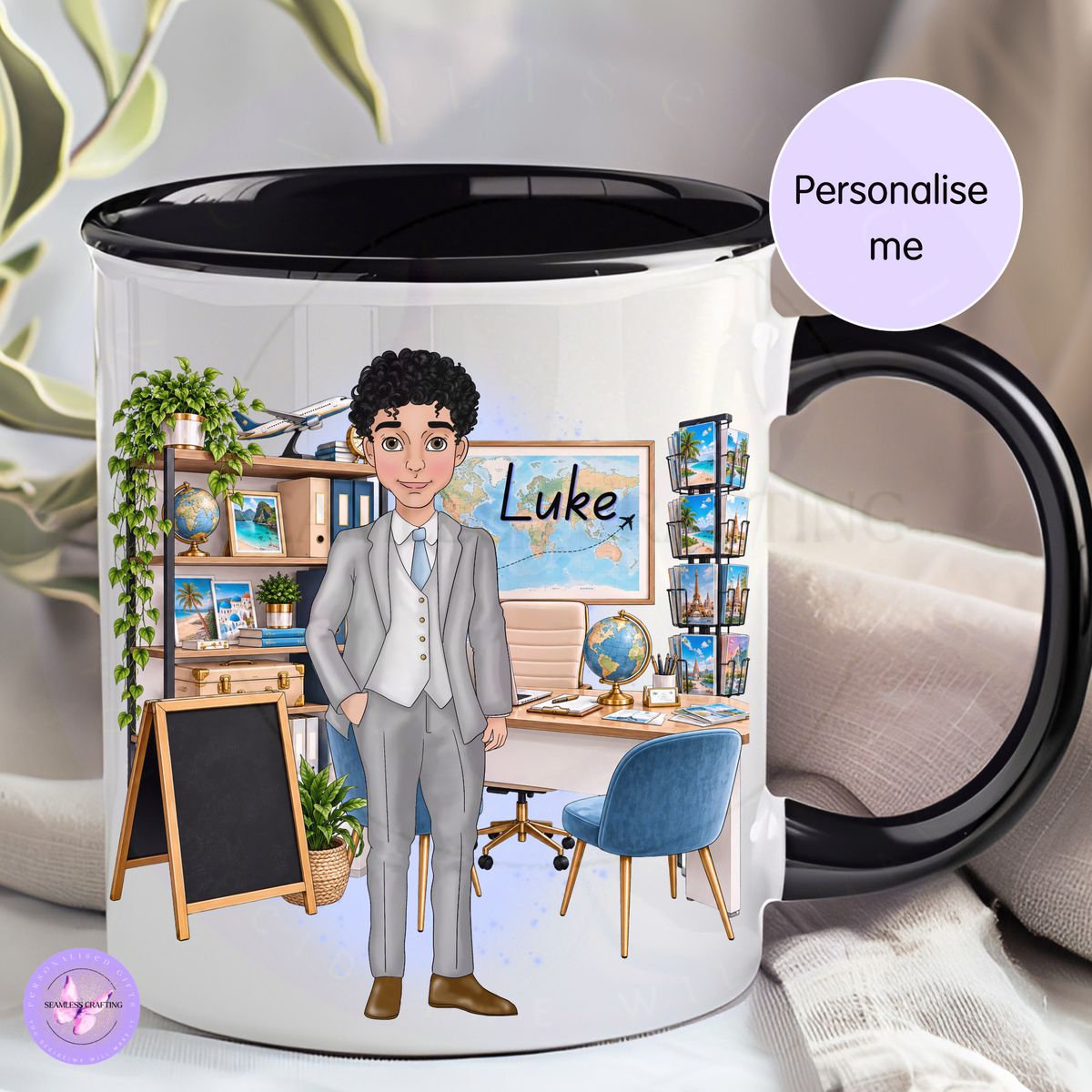 Personalised male travel agent black handle mug with custom character and name Luke in travel agency office