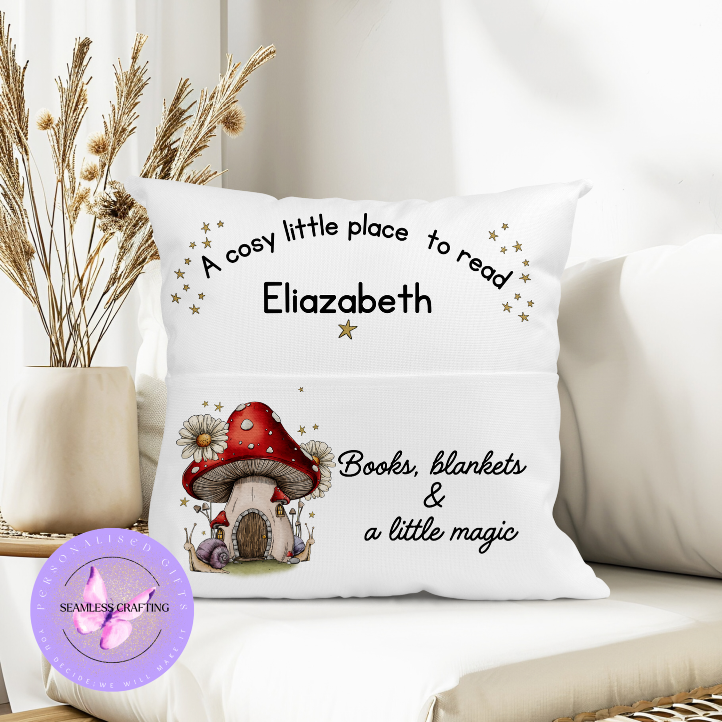 Custom name cushion for children featuring “A cosy little place to read” quote and whimsical design