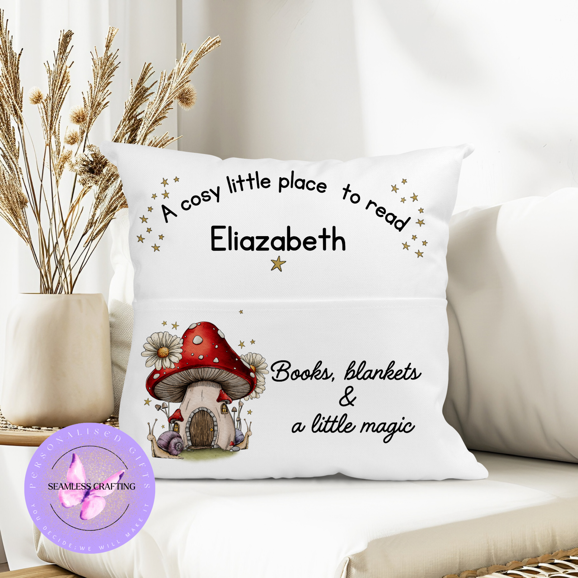 Custom name cushion for children featuring “A cosy little place to read” quote and whimsical design