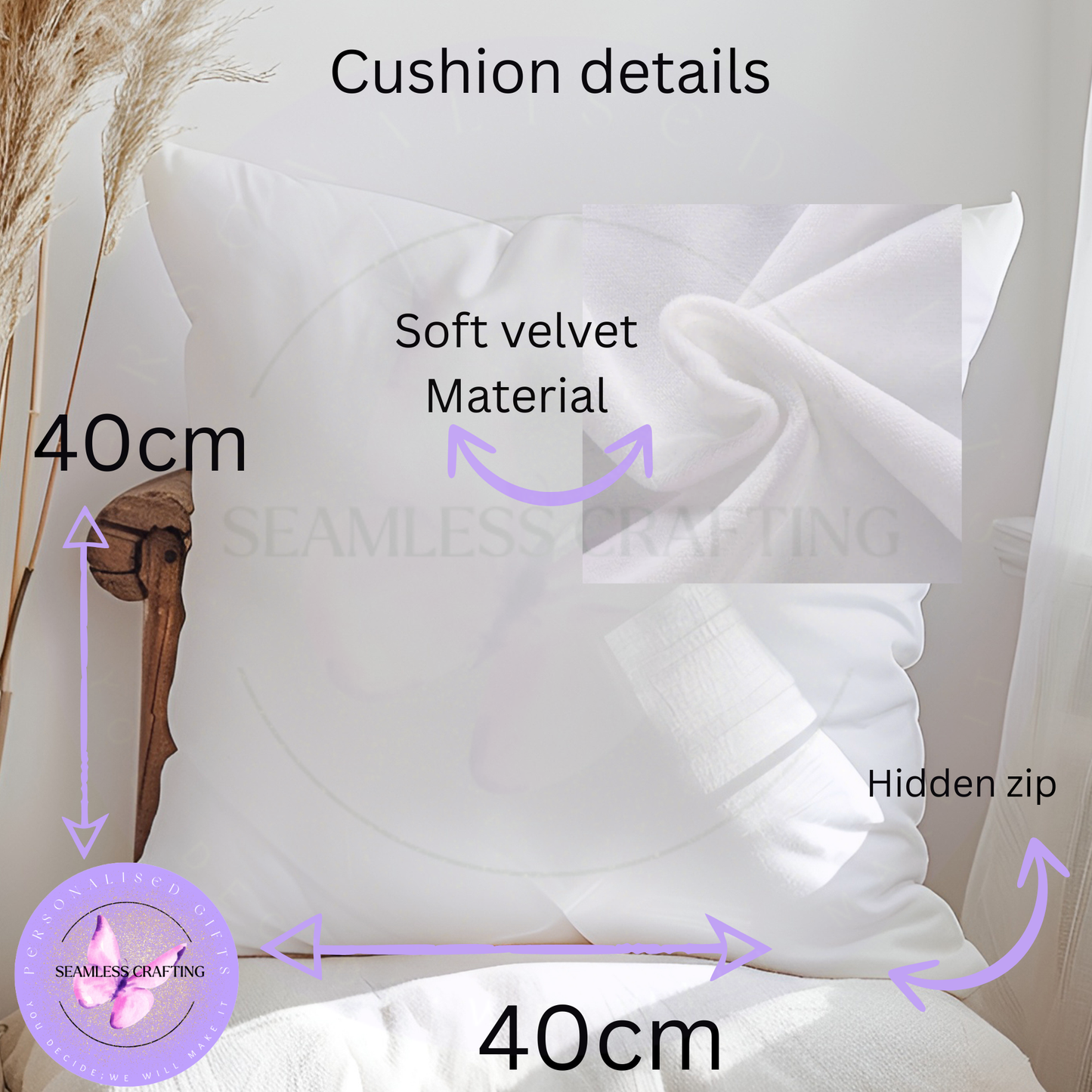 White personalised cushion with size details showing 40 x 40 cm, soft velvet material and hidden zip