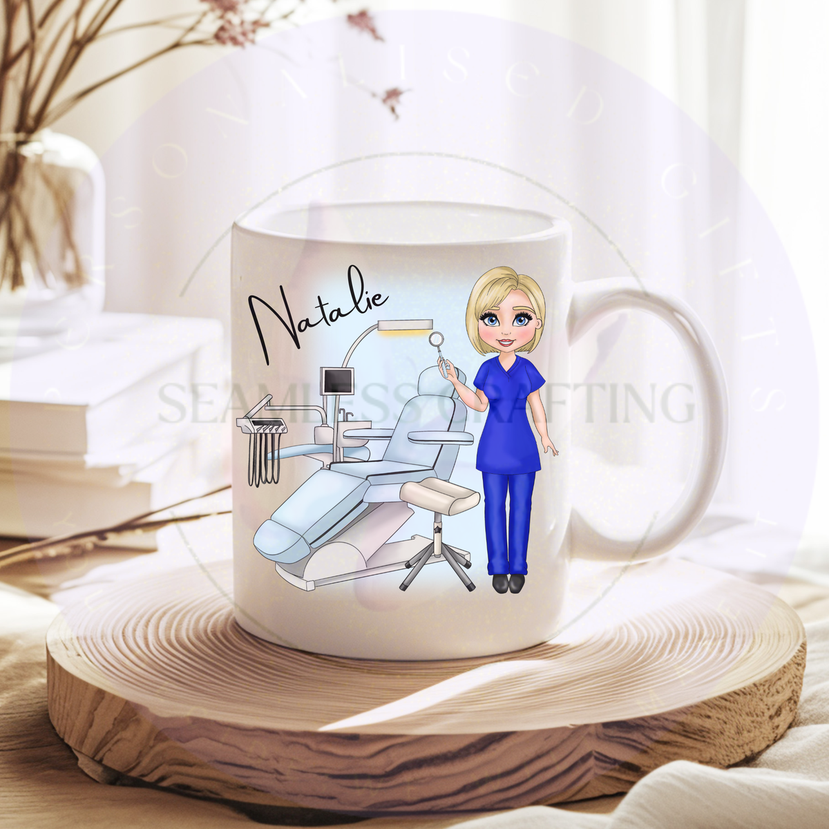 White personalised dentist mug with custom female dental professional character