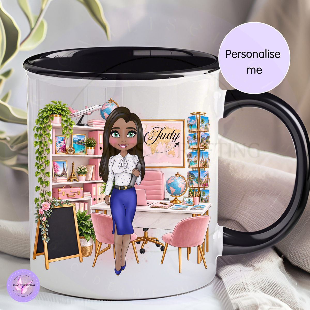 Personalised travel agent mug with custom dark haired character, globe, world map and travel office