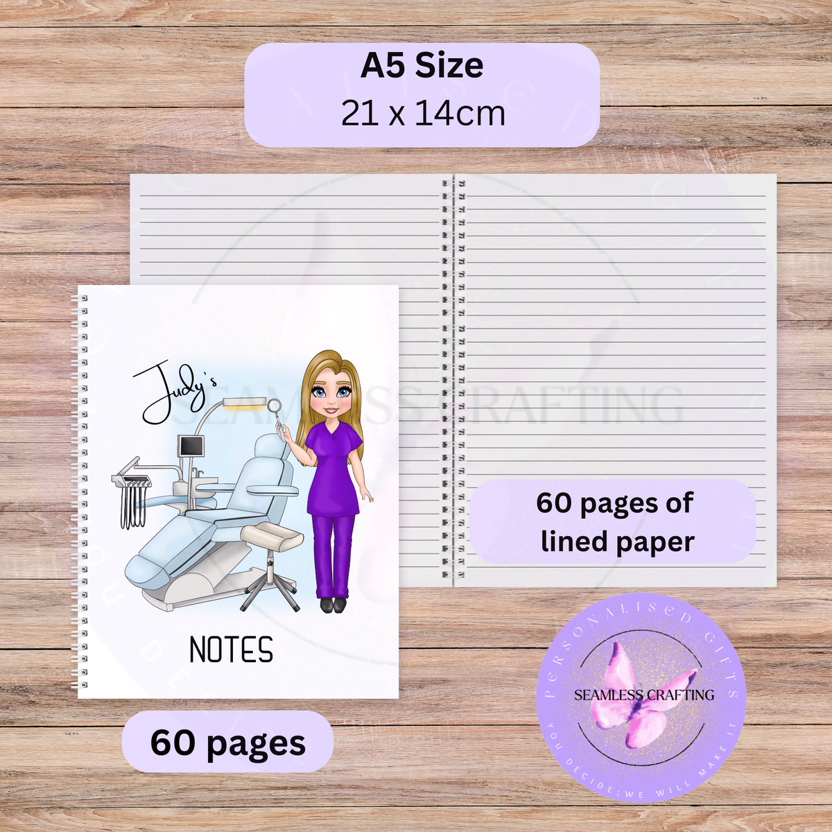 A5 personalised dental nurse notebook 21 x 14 cm with 60 lined pages