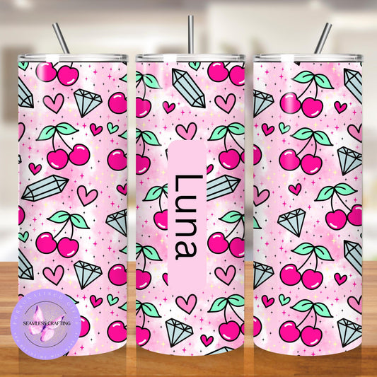 Custom-made cherry crystal tumbler, mug, reusable 20 oz,15 oz tumbler, matching mum-daughter present, cherry, crystal lover set