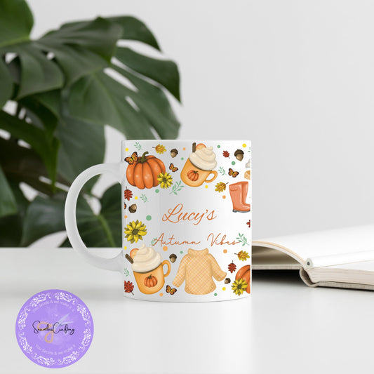 Personalised Autumn Vibes Mug, Gift for Autumn lovers, pumpkin mug, Fall season Mug, Customizable Mug, add any name