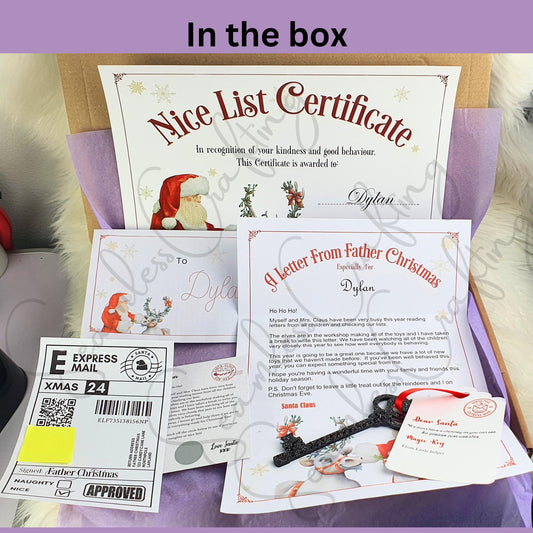 Personalised Santa nice list certificates, Scratch & reveal card letter from Father Christmas, Sant Key, Santa Shipping label QR code Bundle