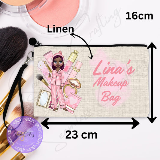 Personalised Makeup Character Girl Linen Pouch, Toiletry bag, Makeup brush holder, Brushes Storage, Custom Pink Doll, Birthday gift for her