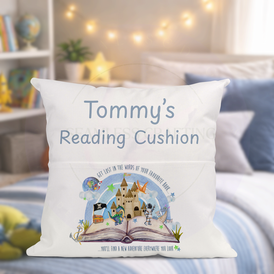 Personalised reading cushion with pocket custom name kids storybook pillow castle dragon astronaut design on sofa