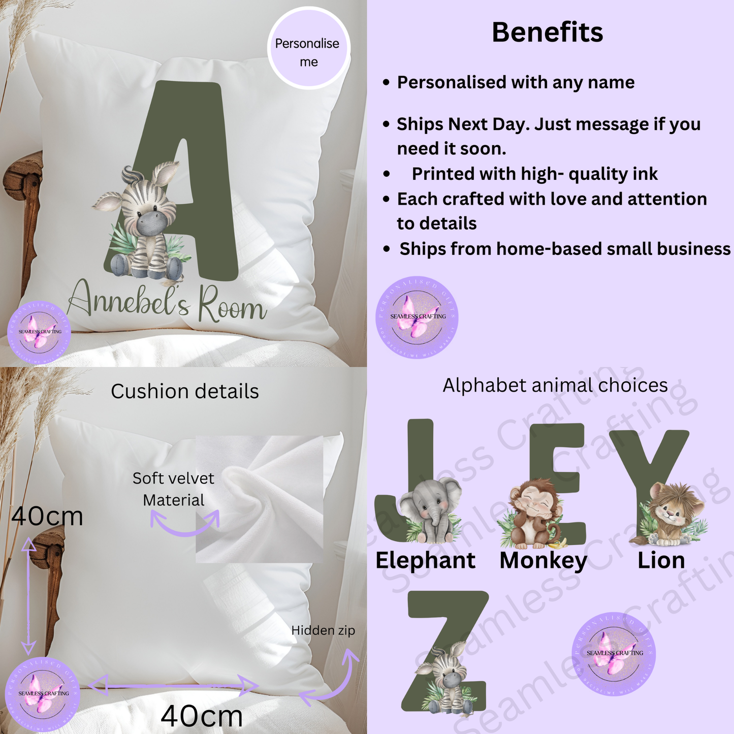 Personalised Alphabet Animal Cushion | Custom Name Initial Cushion | Nursery & Kids Bedroom Decor | 40x40cm Soft Velvet Cushion