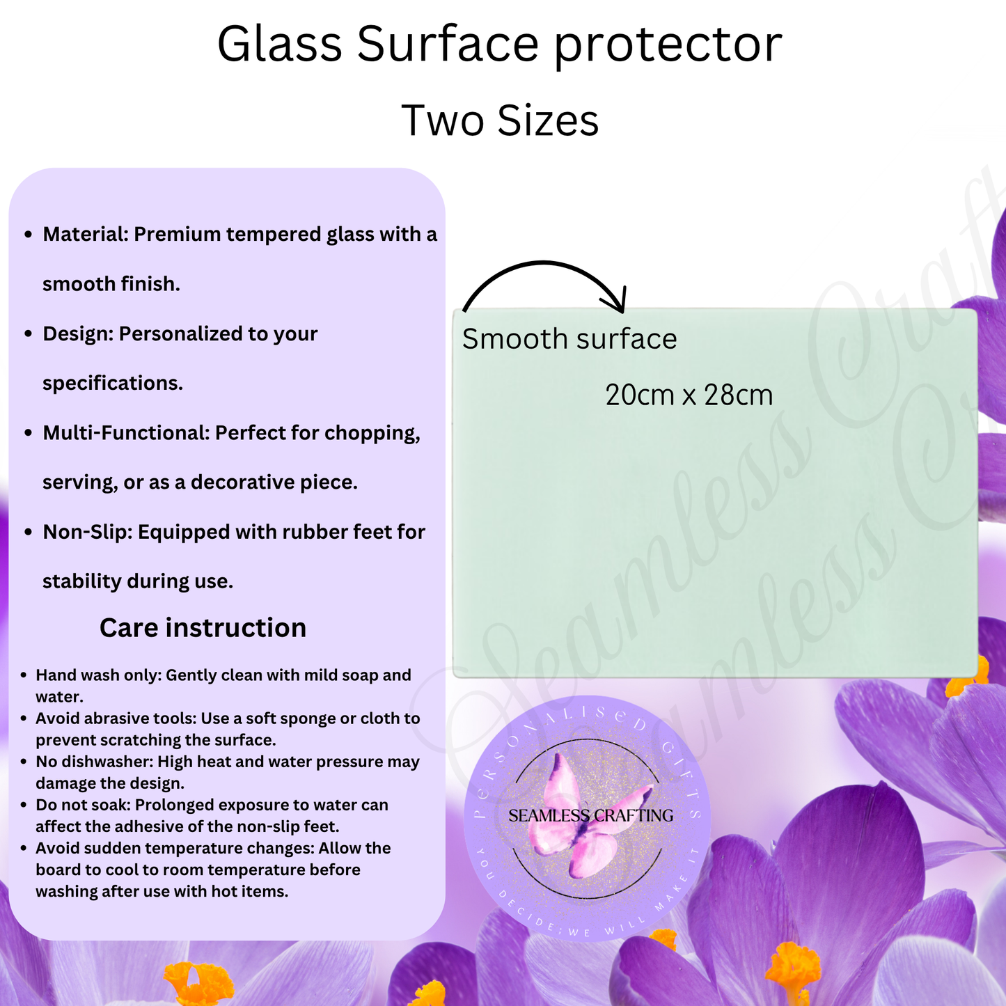 Glass worktop saver dimensions 20x28cm tempered glass personalised kitchen counter protector non slip backing