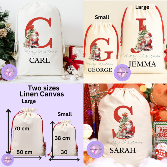 Personalised Alphabet Christmas Santa Sack – Custom Name Linen Gift Bag with Santa Design | Large & Small Sizes