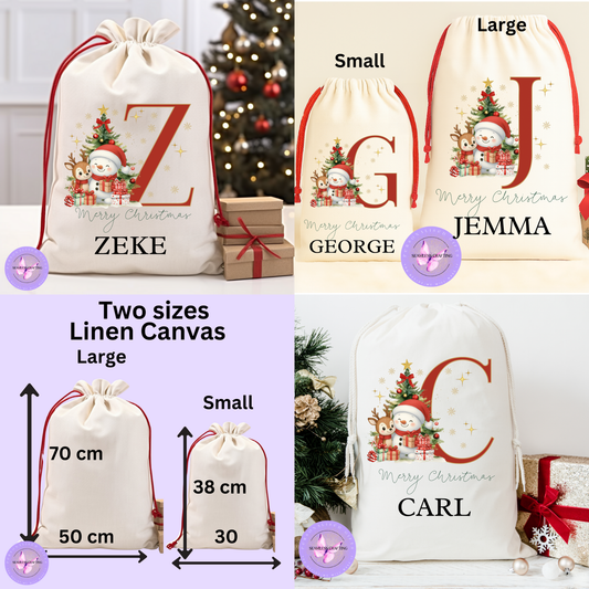 ersonalised Snowman Alphabet Christmas Santa Sack – Custom Name Linen Gift Bag | Large & Small Sizes
