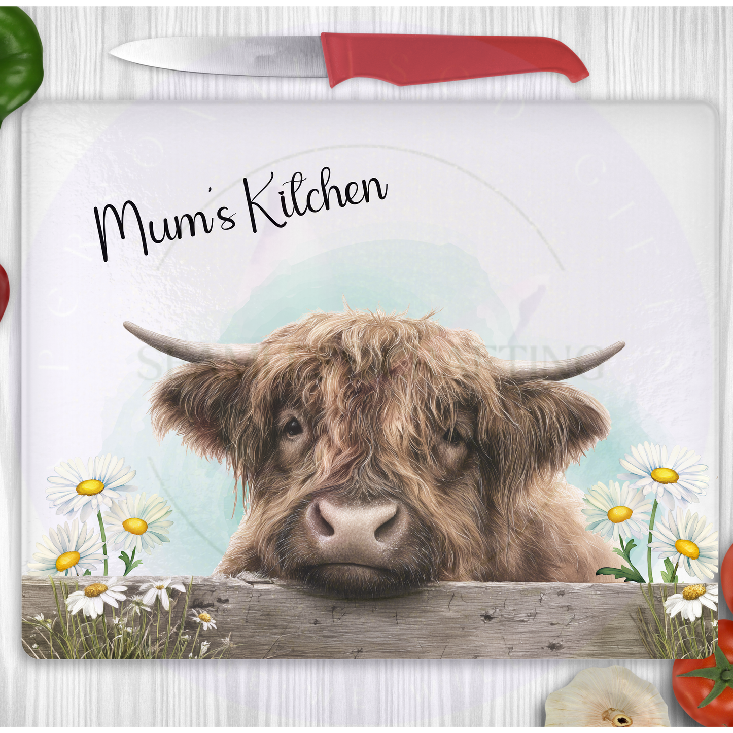 Custom glass chopping board with cow design for kitchen worktop