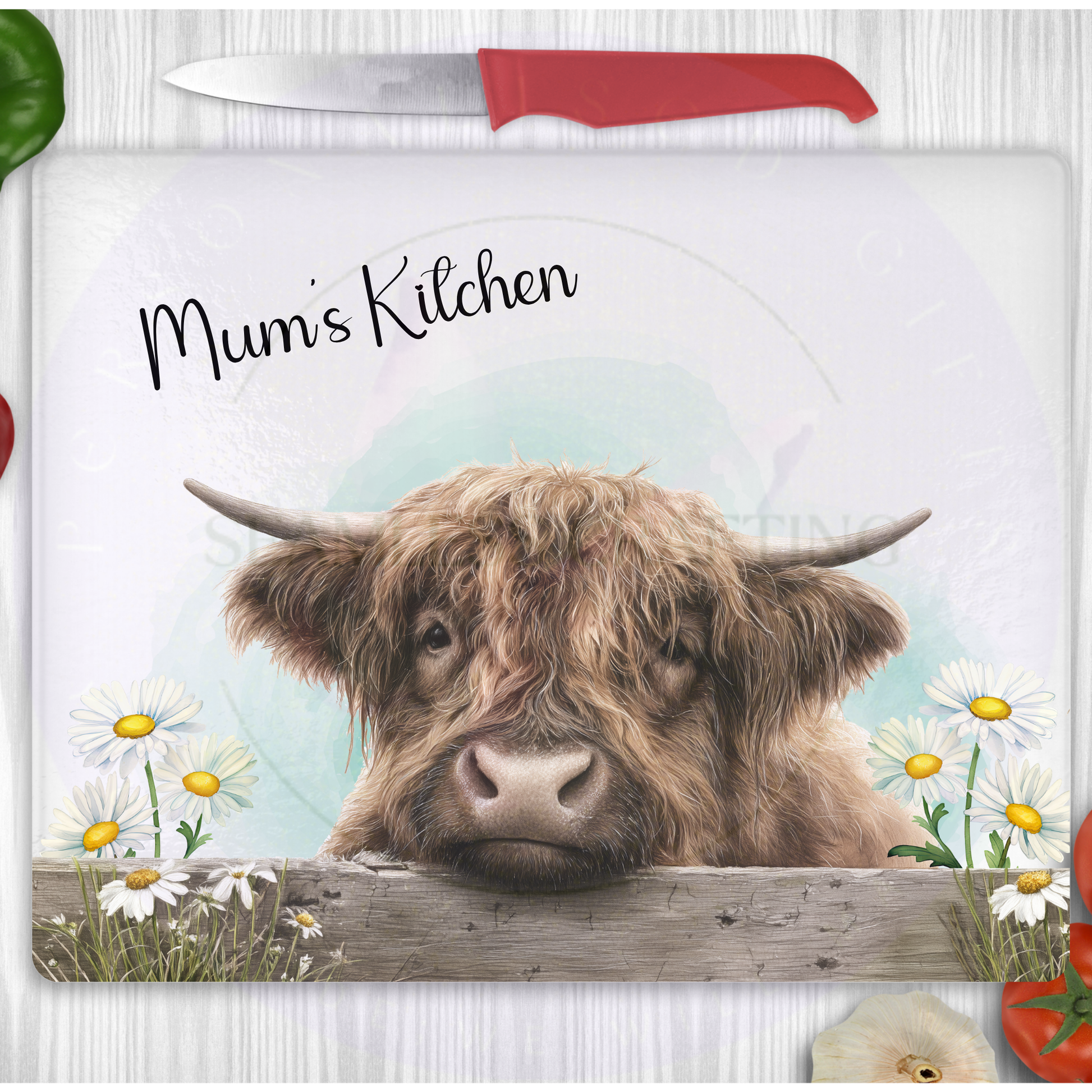 Custom glass chopping board with cow design for kitchen worktop
