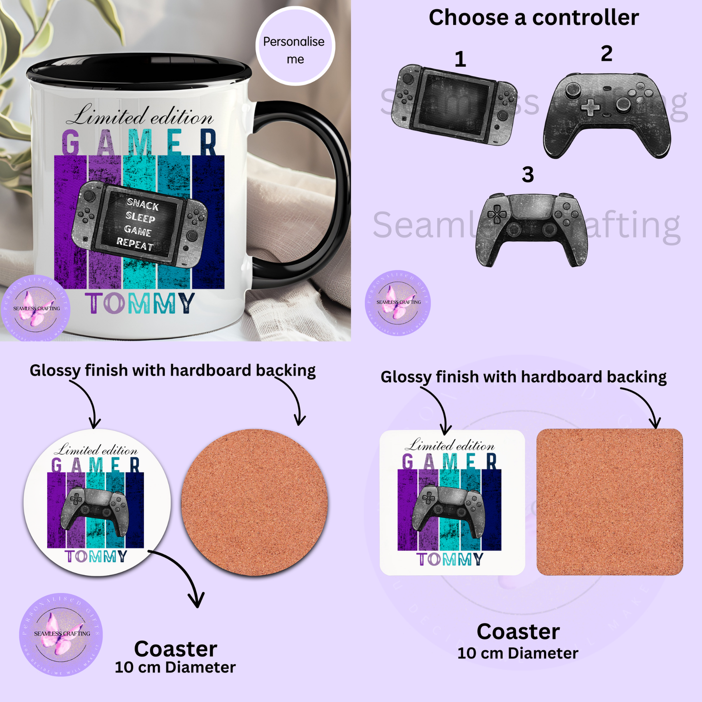 Personalised Gamer Mug & Coaster Set – Custom Name Gaming Gift | 11oz Ceramic Mug with Choice of Handle Colour