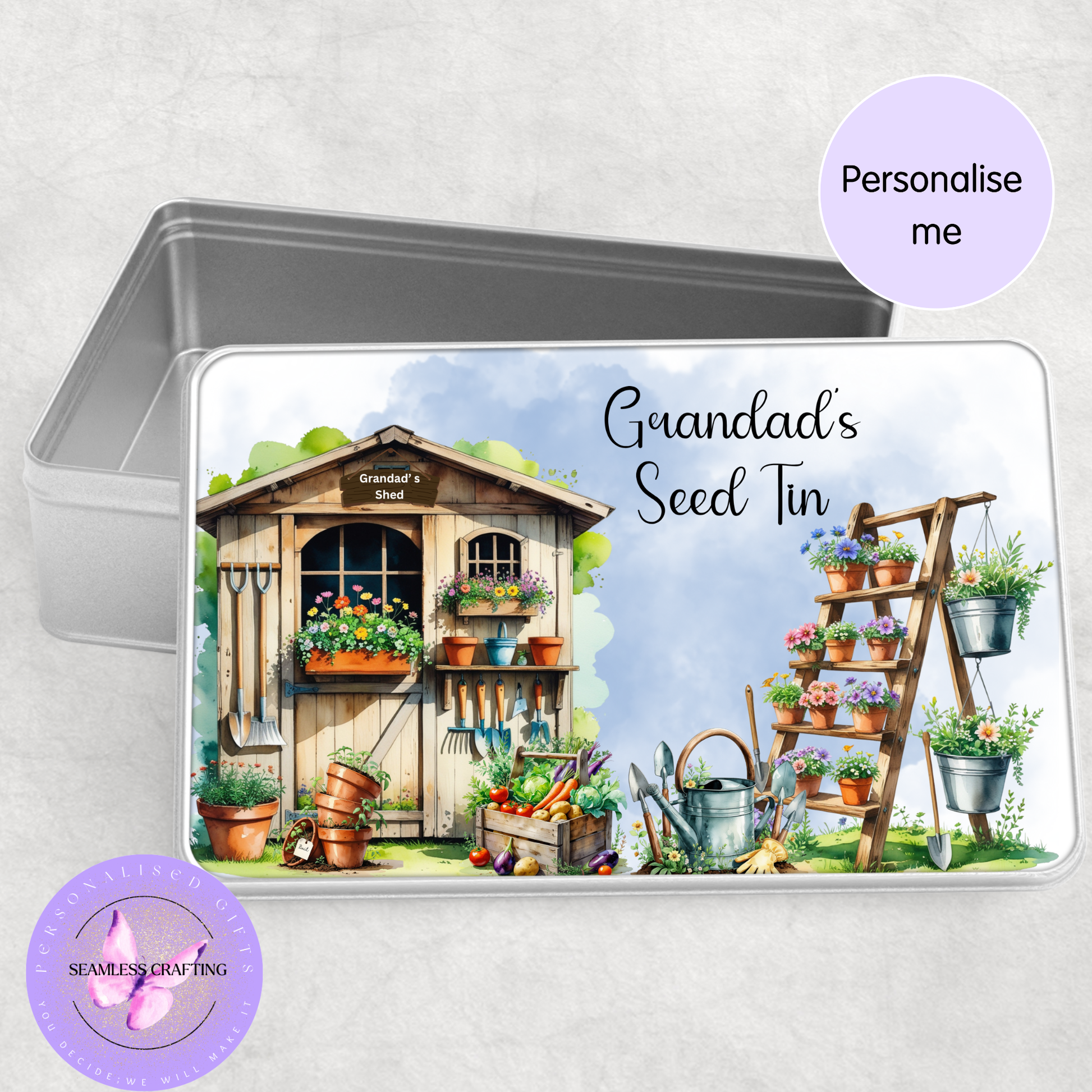 Gardening storage tin for seeds and tools personalised