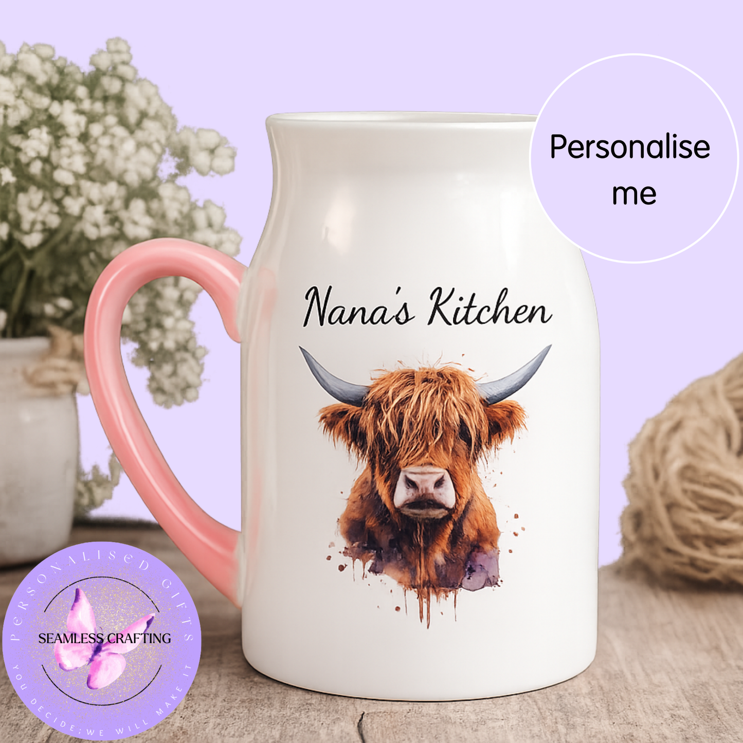 Personalised Highland Cow Jug | Custom Farmhouse Milk Jug | Mother’s Day & Gift for Her | 300ml & 450ml Ceramic Pitcher UK