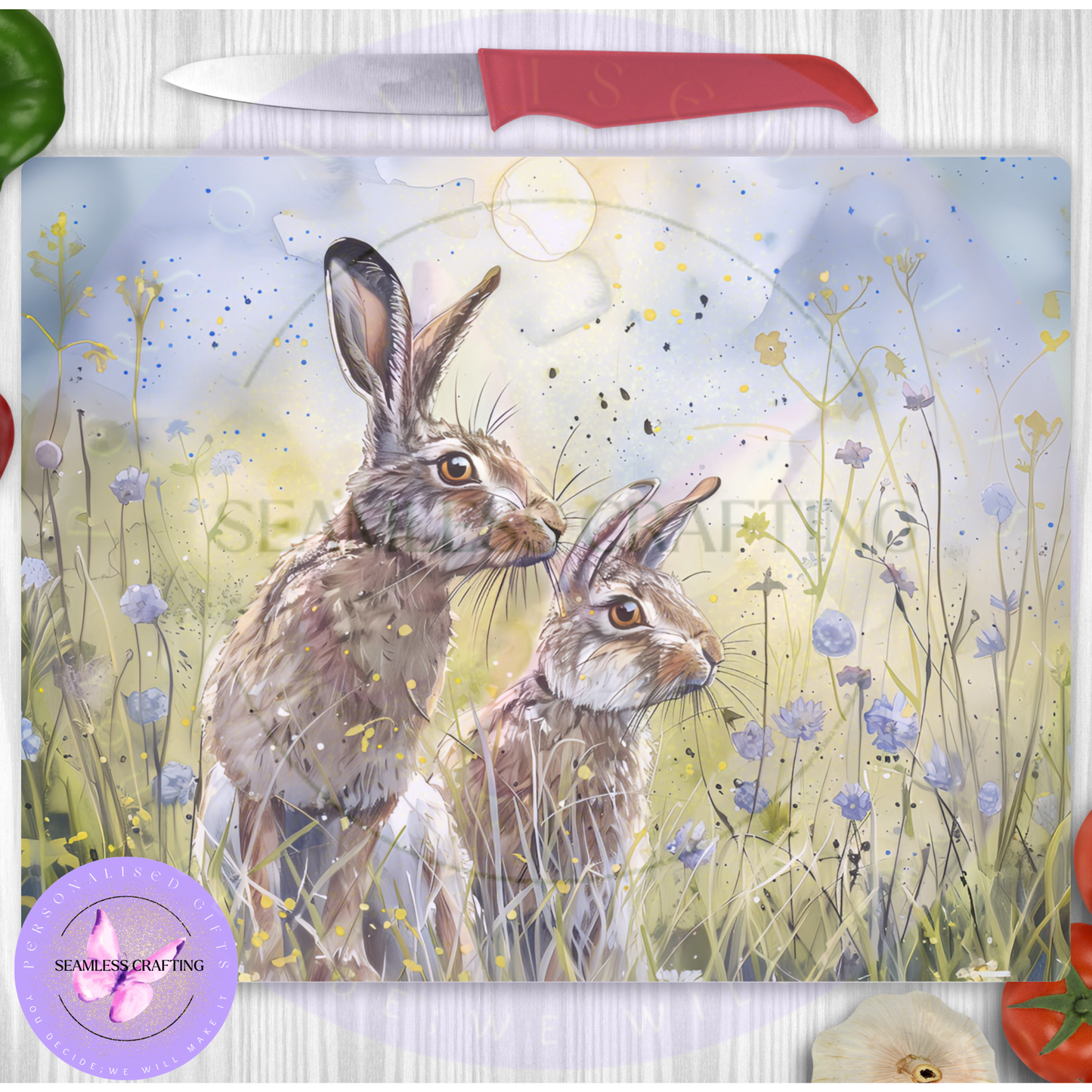 Spring hare glass chopping board with wildflower meadow design, personalised kitchen cutting board gift
