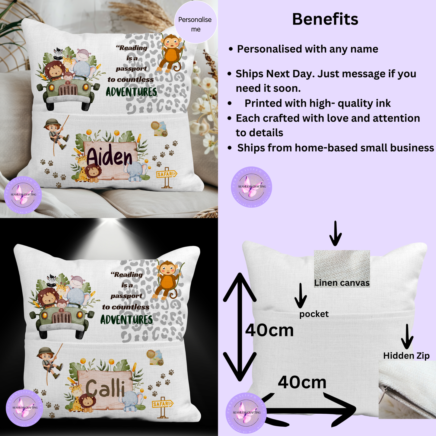 Personalised Kids Safari Reading Cushion with Pocket – Animal Book Cushion, Child’s Reading Pillow, Jungle Book Lover Gift