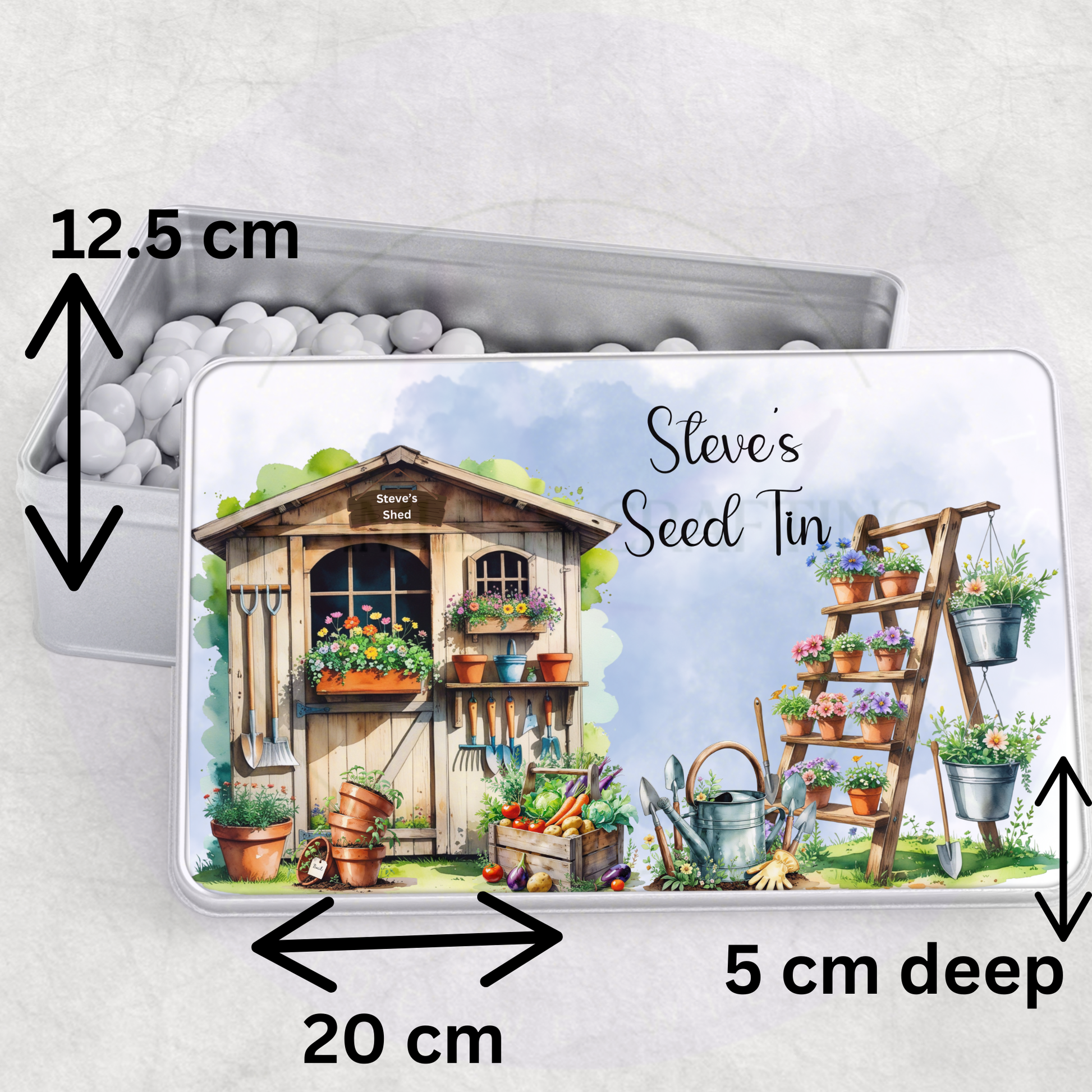 Garden-themed seed tin with measurements on a white background