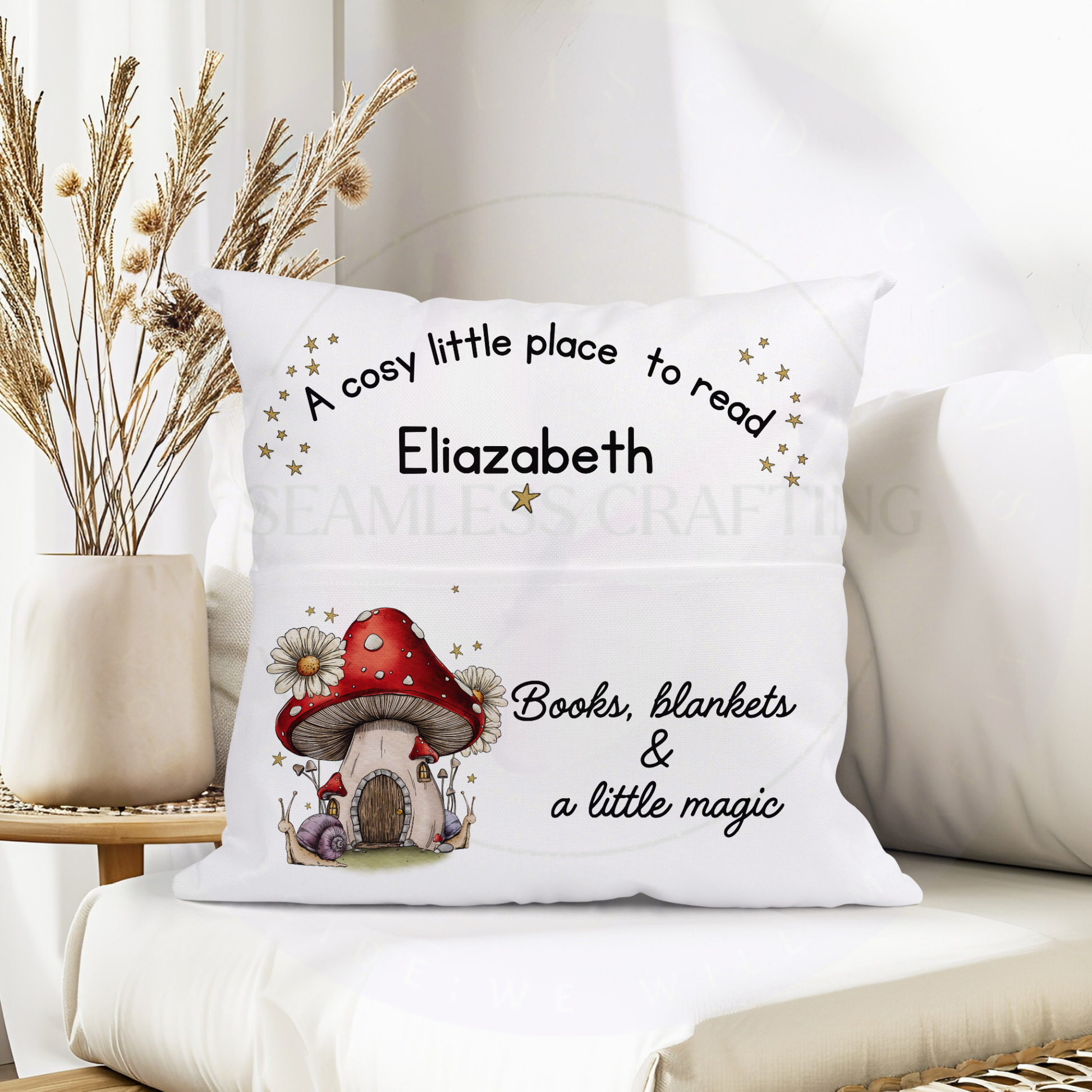 Personalised whimsical reading cushion with pocket featuring woodland mushroom design and custom name for kids