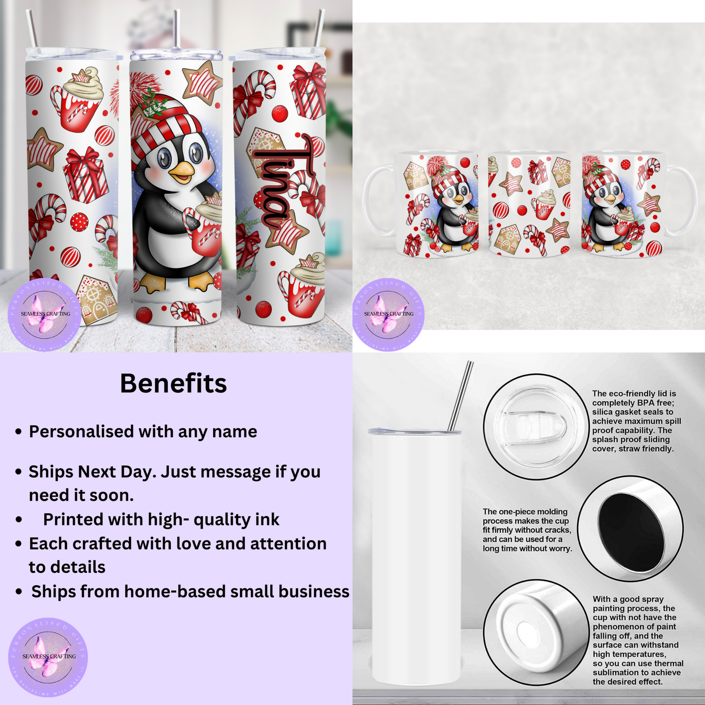 Personalised Christmas Penguin Tumbler & Mug | Custom Name | 20oz Skinny Tumbler & 11oz Mug | Cute Winter Holiday Gift | Hot & Cold Drinks
