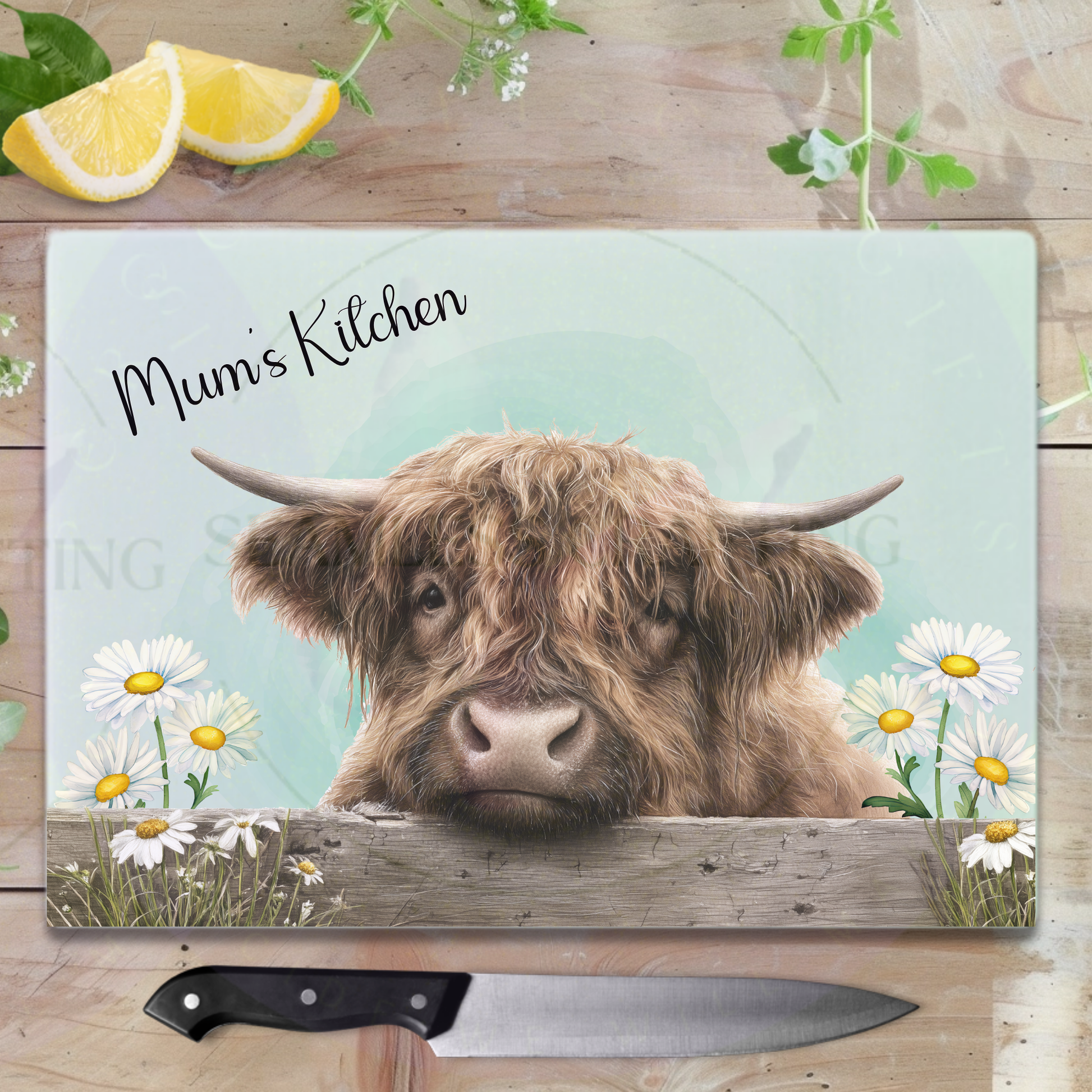 Personalised kitchen board gift for mum Highland cow design