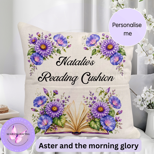 Personalised September birth flower reading cushion with aster and morning glory floral design