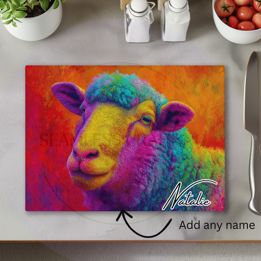 Personalised sheep glass chopping board with custom name colourful kitchen worktop saver gift