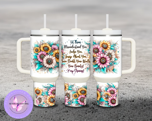 Personalized 40oz Floral Sunflower Tumbler, Watercolor Pastel Quote Cup, Inspirational Gift for Her, Stainless Steel Travel Mug with Handle