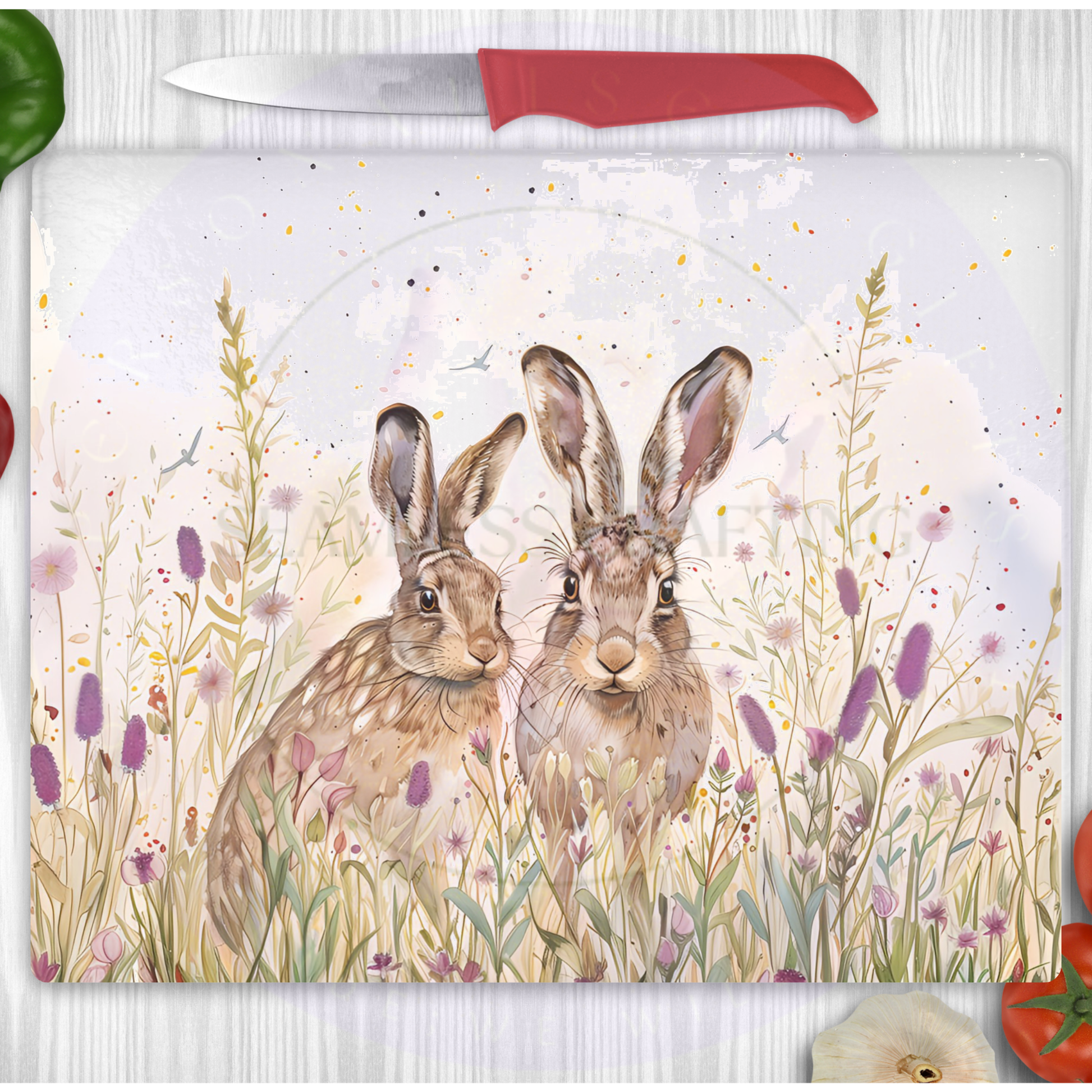 Spring hare glass chopping board with wildflower meadow design, personalised kitchen cutting board
