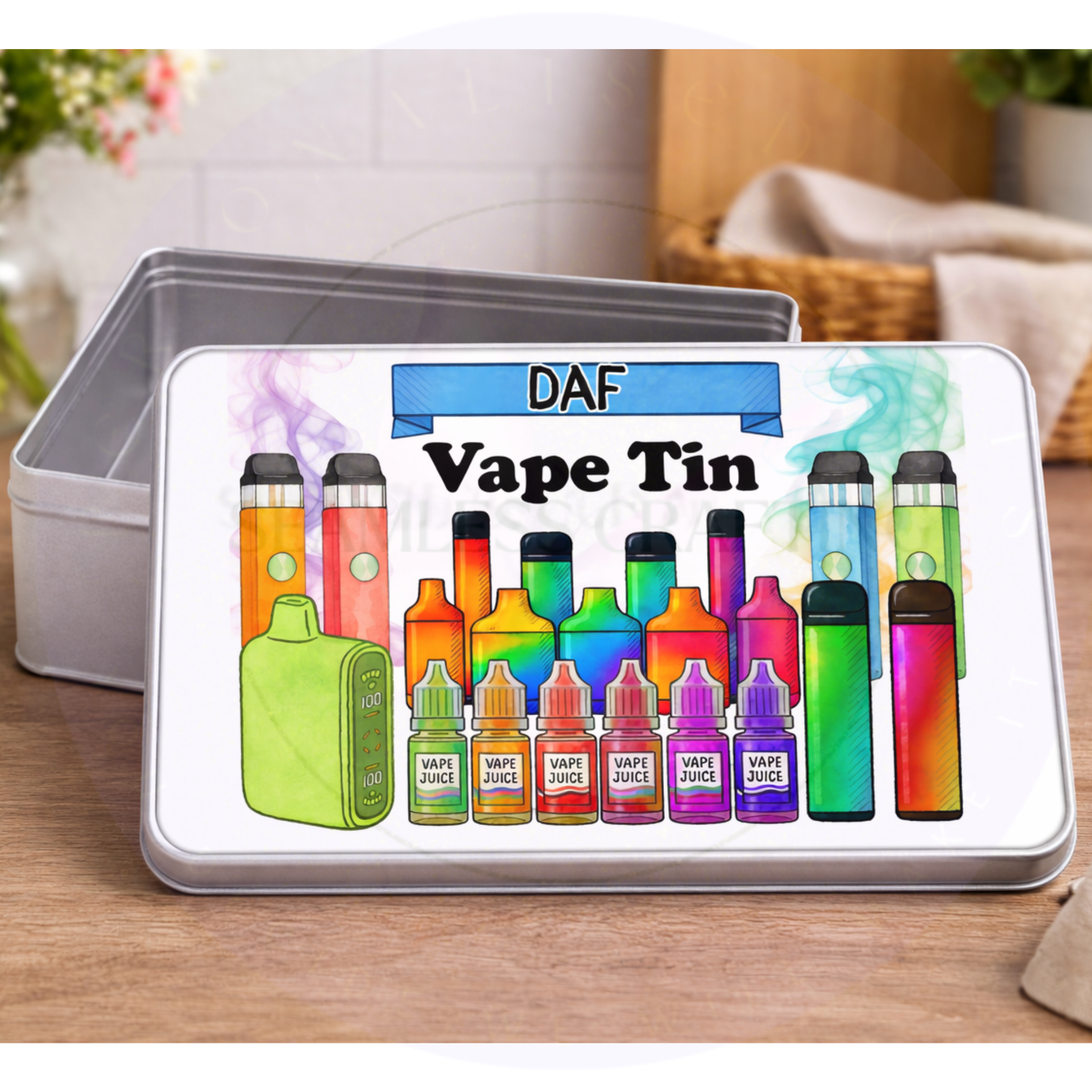 Personalised vape tin on surface, custom vape storage box for everyday use, compact organiser for vape accessories