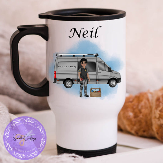 Personalised Gas Engineer travel mug, Gas Heating Male Character gift, Thank you gift for boiler workman, Boilermaker mug Gif, Gifts for him