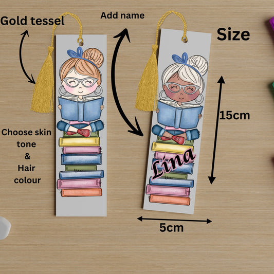 Personalised little Girl sitting on stack of books, add any name, Character page marker, gift for girl,  choose hair colour & skin tone