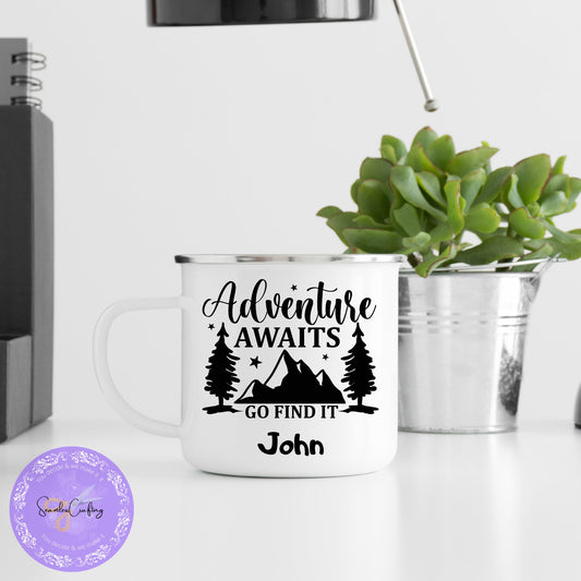 Personlised Adventure Awaits Enamel Mug, Enamel Camping Mug, Campass Camping Mug, Family Camping Gift, Gift For Campervan Lover, Campinglife