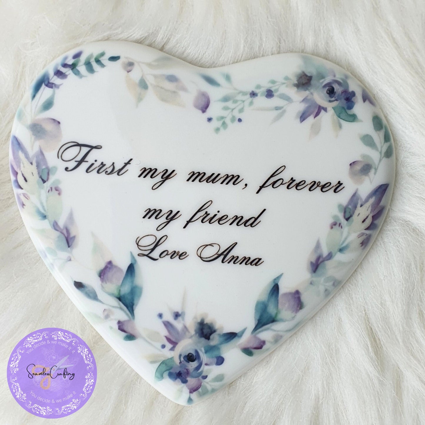 Personalised Heart ceramic tile with free plastic  Stand easel, Display heart ornament for Mother, ' First my mum, forever my friend